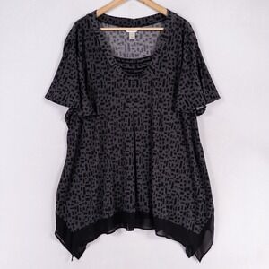 CJ Banks Top Shirt 2X Gray Black Geometric Waffle Print Sheer Hanky Hem